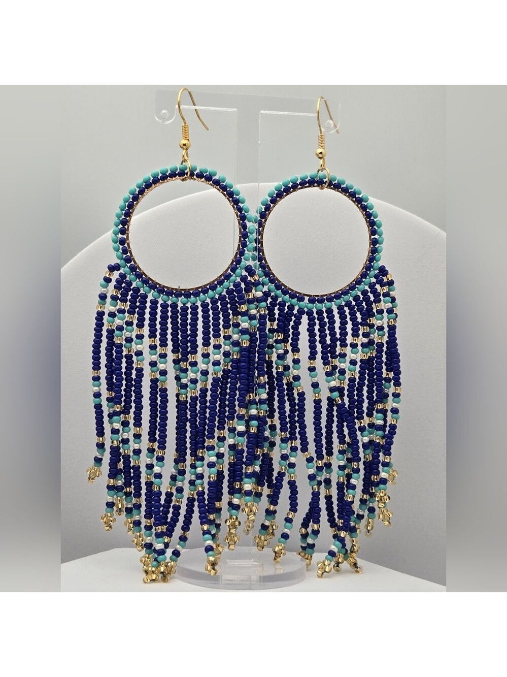 Boho Dream Catcher Handmade Seed Bead Earrings Blue Turquoise Gold Fringe 4.5”
